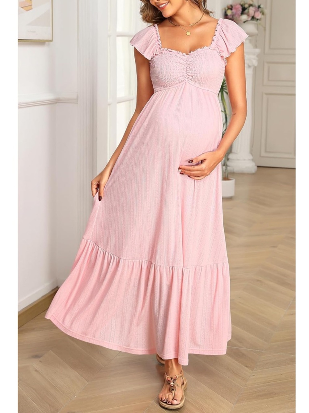 Pink Maternity Maxi Dress with Ruffled Cap Sleeves NWT